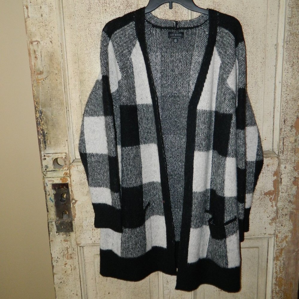 Lucky Brand Open Front Wool Blend Checkered Cardigan Size Large (LL-14)